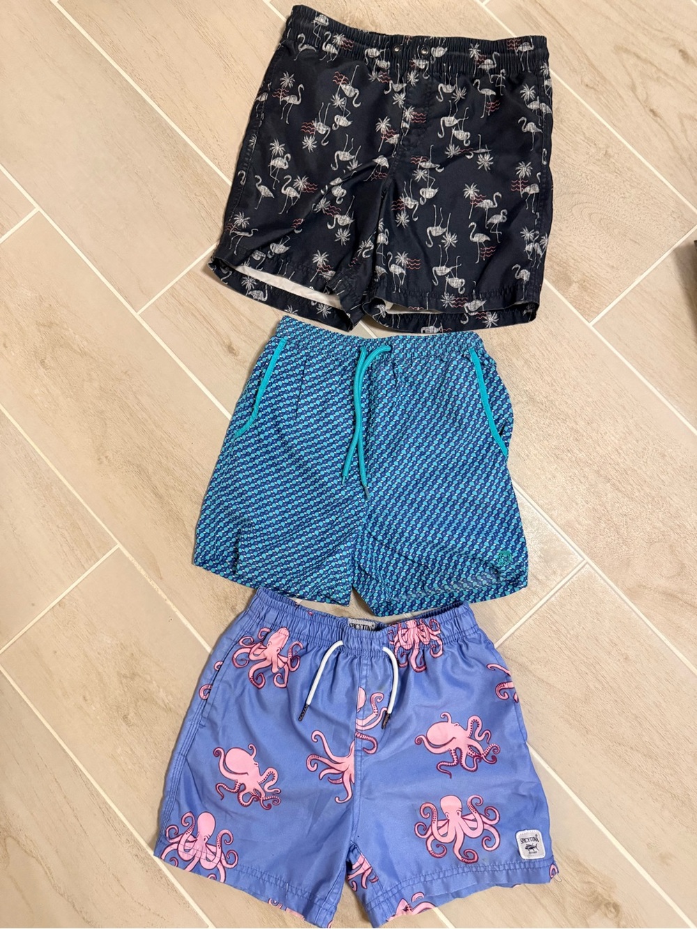 Set of 3 Boys Swim Trunks — Black Flamingo, Blue Pattern, Purple Octopus